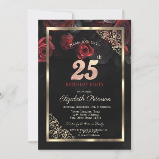 Elegant Red Roses Lijst Zwart 25e Verjaardag Kaart (Voorkant)