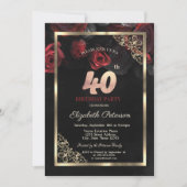 Elegant Red Roses Lijst Zwart 40e Verjaardag Kaart (Voorkant)