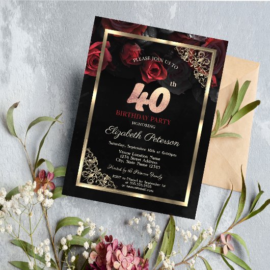 Elegant Red Roses Lijst Zwart 40e Verjaardag Kaart