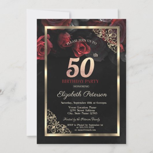 Elegant Red Roses Lijst Zwart 50e Verjaardag Kaart (Voorkant)