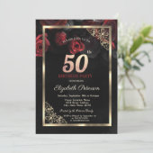 Elegant Red Roses Lijst Zwart 50e Verjaardag Kaart (Staand voorkant)