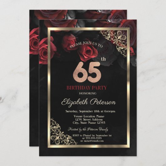 Elegant Red Roses Lijst Zwart 65e Verjaardag Kaart (Voorkant / Achterkant)