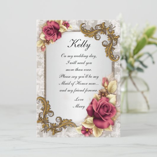 Elegant Red Roses Maid of Honor Kaart (Staand voorkant)