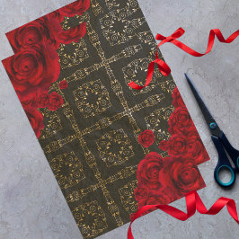 Elegant Red Roses op zwart en gouden Damaspatroon Tissuepapier
