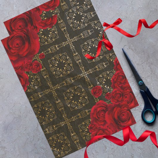 Elegant Red Roses op zwart en gouden Damaspatroon Tissuepapier