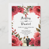 Elegant Red Roses Romantic Couple Floral Wedding Kaart (Voorkant)