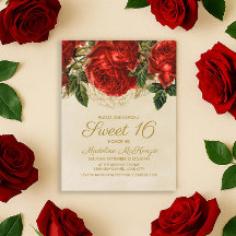 Elegant Red Roses Tan Sweet 16 Birthday Invitation