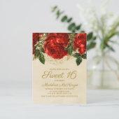 Elegant Red Roses Tan Sweet 16 Birthday Invitation Briefkaart (Staand voorkant)
