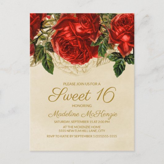 Elegant Red Roses Tan Sweet 16 Birthday Invitation Briefkaart (Voorkant)