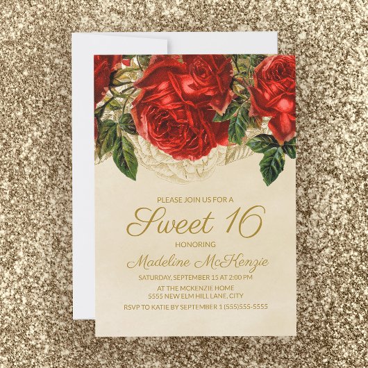 Elegant Red Roses Tan Sweet 16 Birthday Kaart
