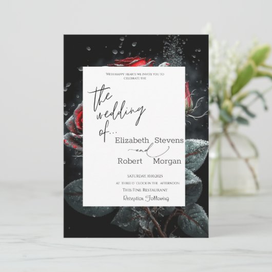 Elegant Red Roses Wedding Invitation Kaart (Staand voorkant)