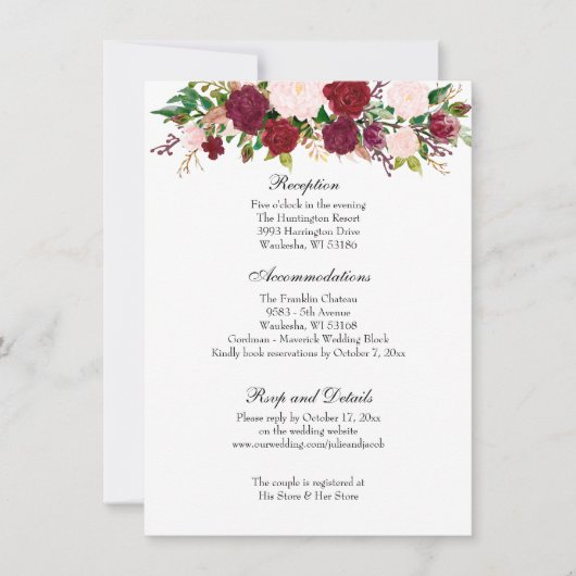 Elegant Red Roses Wedding Reception Uitnodiging (Voorkant)