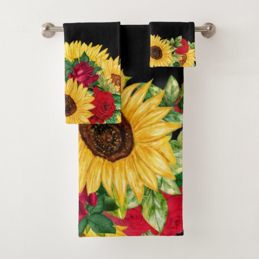 Elegant Red Roses Yellow Sunflower Black Bad Handdoek (Insitu)