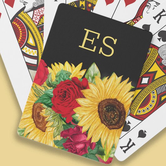 Elegant Red Roses Yellow Sunflower Monogram Pokerkaarten