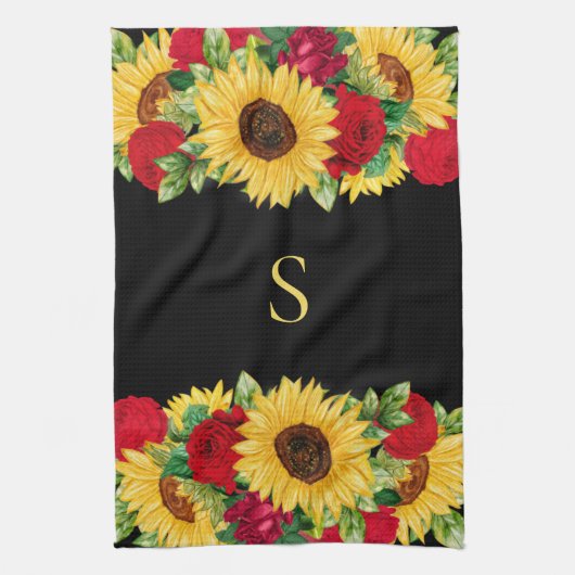 Elegant Red Roses Yellow Sunflower Monogram Theedoek (Verticaal)