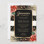 Elegant Red Roses Zwart Goud Confetti Quinceañera Kaart (Voorkant)