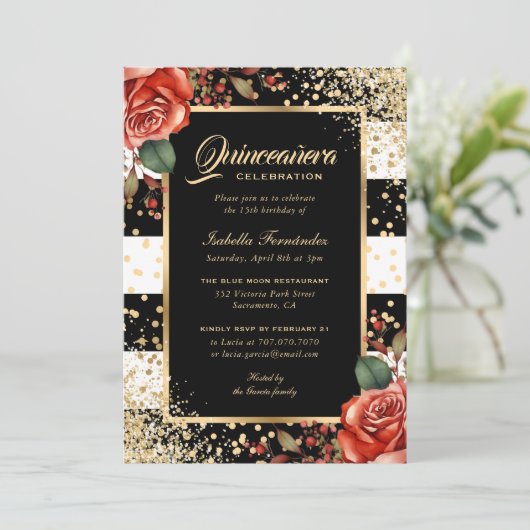 Elegant Red Roses Zwart Goud Confetti Quinceañera Kaart (Staand voorkant)