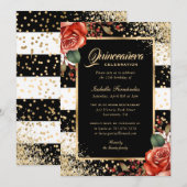 Elegant Red Roses Zwart Goud Confetti Quinceañera Kaart (Voorkant / Achterkant)