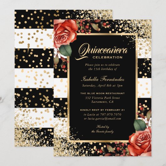 Elegant Red Roses Zwart Goud Confetti Quinceañera Kaart (Voorkant / Achterkant)