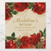 Elegant  Red Rosesl Greenery Birthday Party Wijn Etiket (Enkel label)