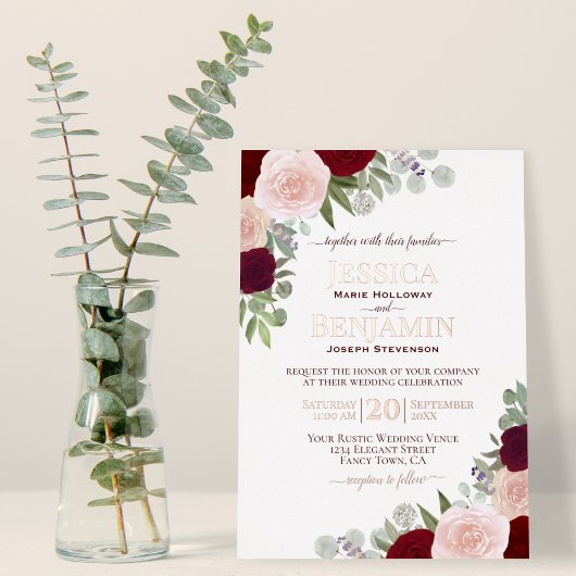 Elegant Red & Roze Floral met Roos Gold Wedding Folie Uitnodiging