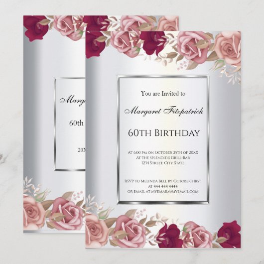Elegant Red Roze Roses Birthday Uitnodiging (Voorkant / Achterkant)