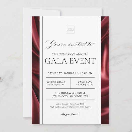 Elegant Red Satin Gala Fondsenwerving Event Party Kaart (Voorkant)