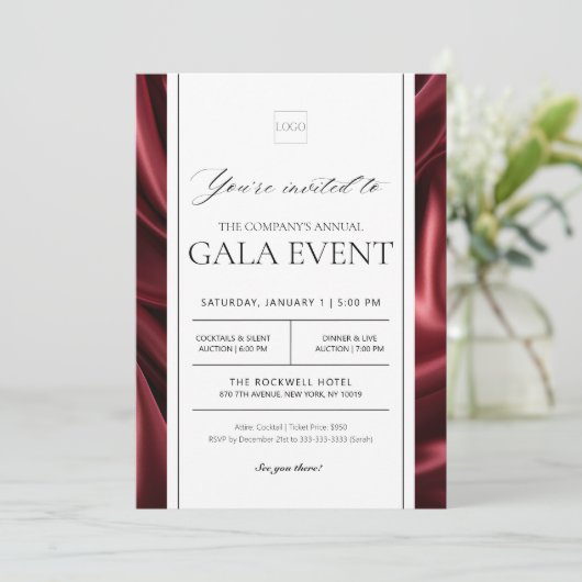 Elegant Red Satin Gala Fondsenwerving Event Party Kaart (Staand voorkant)