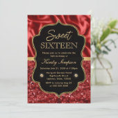 Elegant Red Satin & Glitter Gold Lijst Sweet 16 Kaart (Staand voorkant)