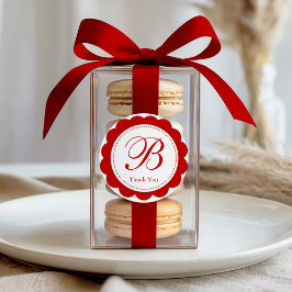 Elegant Red Scalloped Monogram Bedankt Ronde Sticker
