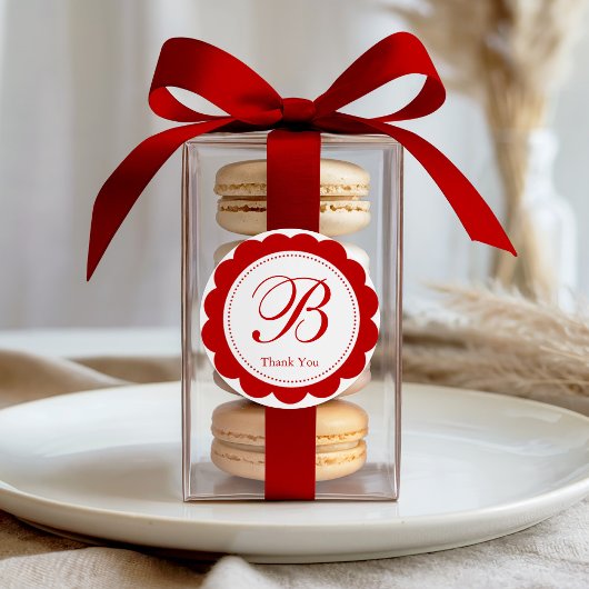 Elegant Red Scalloped Monogram Bedankt Ronde Sticker