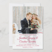 Elegant red script 2 foto winter bruiloft kaart (Voorkant)