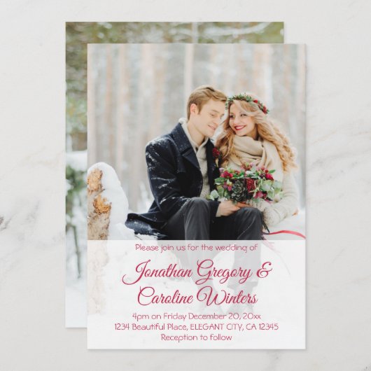 Elegant red script 2 foto winter bruiloft kaart (Voorkant / Achterkant)