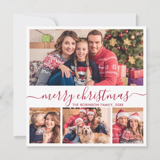 Elegant Red Script 4 Fotocollage kerstmis Feestdagenkaart (Voorkant)
