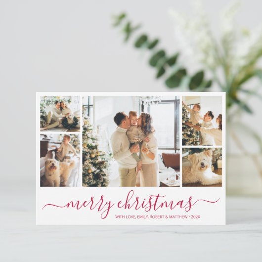 Elegant Red Script Collage Kerstfeestdag Kaart (Staand voorkant)