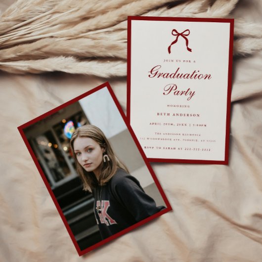Elegant Red Script Coquette Graduation Party Photo Kaart