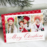 Elegant Red Script Merry Kerstmis 3 Foto Feestdagenkaart<br><div class="desc">Eenvoudige kerstkaart met drie verticale foto's met "prettige kerst" in een feestelijk rood kalligrafiekscript. Pas de voorzijde van de multi-foto kerstkaart aan met uw familienaam en het jaar. De kaart keert terug om een modern rood en wit vlakpatroon te tonen.</div>