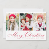 Elegant Red Script Merry Kerstmis 3 Foto Feestdagenkaart (Voorkant)
