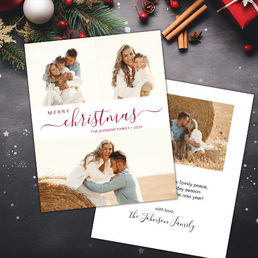 Elegant Red Script Photo Collage Kerstbrochure Flyer