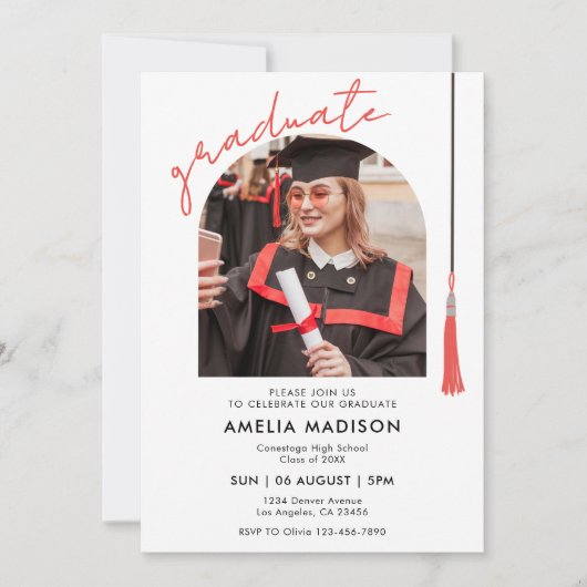 Elegant Red Script Photo Graduation Invitation Kaart (Voorkant)