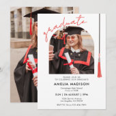 Elegant Red Script Photo Graduation Invitation Kaart (Voorkant / Achterkant)