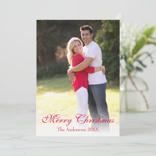 Elegant Red Script Photo Merry Kerstry Feestdagenkaart (Staand voorkant)