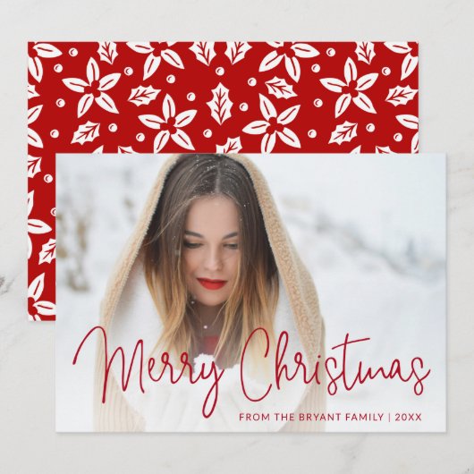 Elegant Red Script Photo Merry Kerstry Feestdagenkaart (Voorkant / Achterkant)