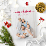 Elegant Red Script Unieke foto voor prettig kerstf Briefkaart<br><div class="desc">Een simpele kerstkaart met een schitterende kalligrafie,  gemakkelijk te personaliseren met je foto,  de witte rode kalligrafie is perfect voor lichte verticale foto.</div>