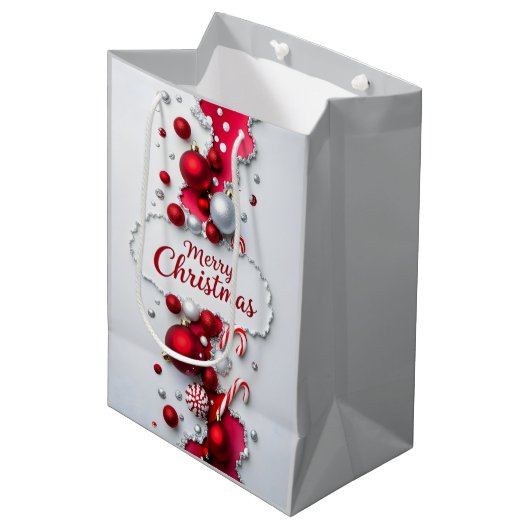 Elegant Red & Silver Christmas Gift Bag Medium Cadeauzakje (Voorkant Gekanteld)