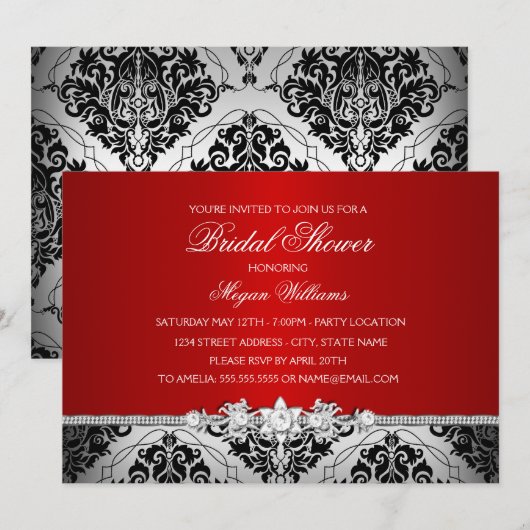 Elegant Red Silver Damask & Jewel Vrijgezellenfees Kaart (Voorkant / Achterkant)