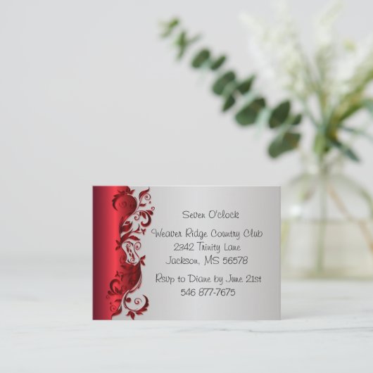 Elegant Red & Silver Florid Wedding Design Informatiekaartje (Staand voorkant)