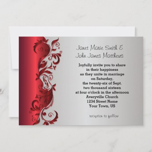 Elegant Red & Silver Florid Wedding Design Kaart (Voorkant)