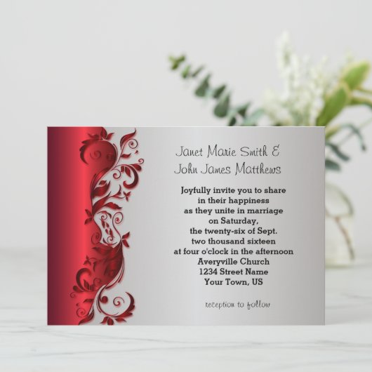 Elegant Red & Silver Florid Wedding Design Kaart (Staand voorkant)
