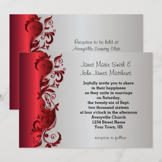 Elegant Red & Silver Florid Wedding Design Kaart (Voorkant / Achterkant)